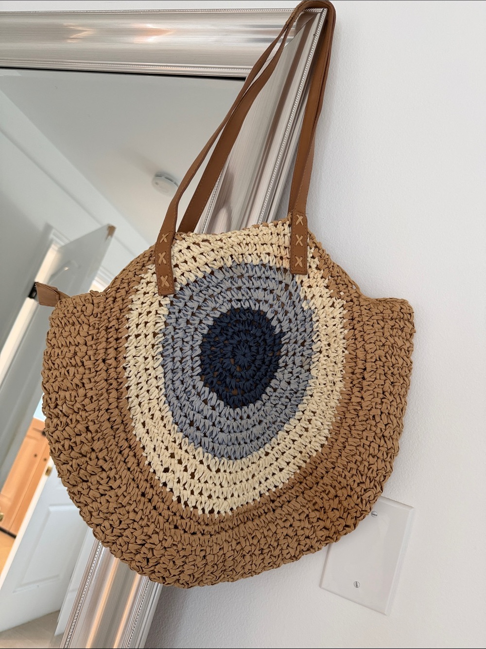 Round Woven Straw Shoulder Bag in Brown, Cream & Blue